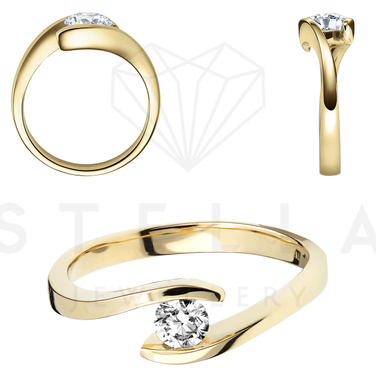 585er Gelbgold Spannring geschwungen mit Diamant 0,15 ct.